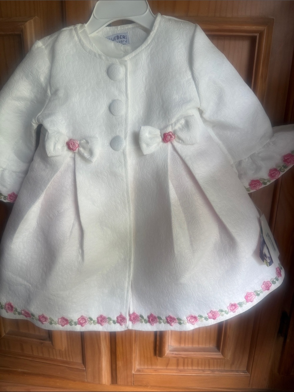 Blueberi Boulevard white and Coat with Pink Rose Trim